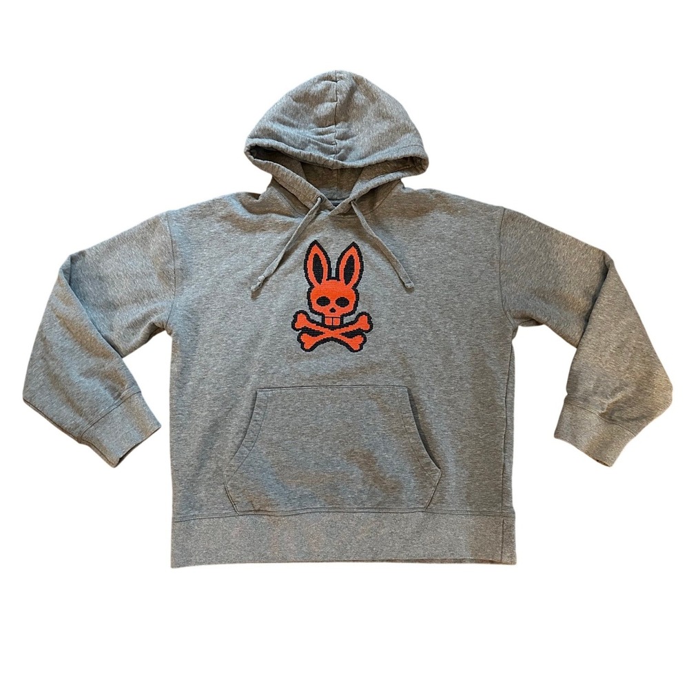 Psycho Bunny Grey Orange Pixel Bunny Skull Hoodie Men's Medium - Picture 2 of 6